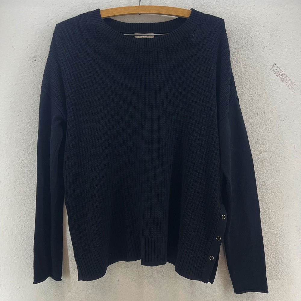 Anthropologie Lilla P Black Waffle Knit Crew Neck Sweater S Snap Modal Cozy Chic